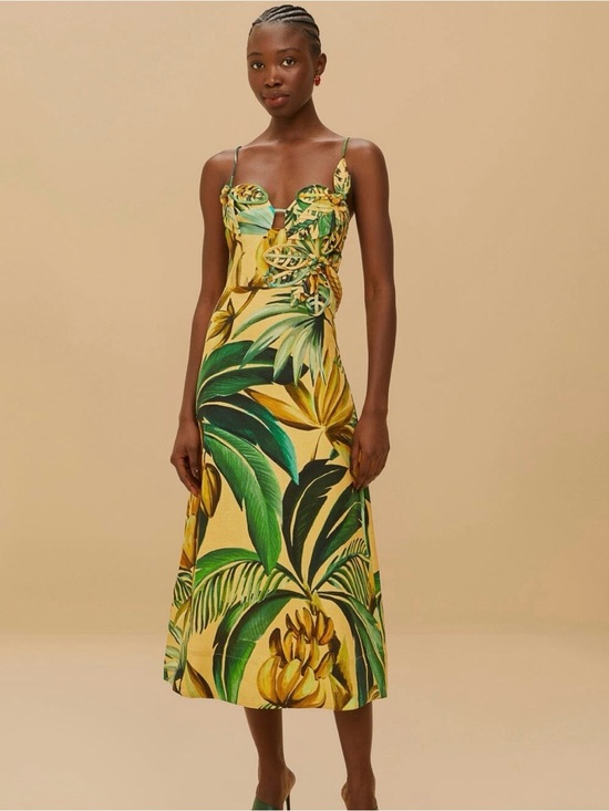 FARM Rio Dresses & Skirts - FARM Rio Yellow Bananart 3D Bodice Linen Midi Dress - Size S
